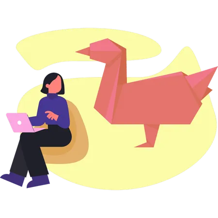 Woman working about origami on laptop  Illustration