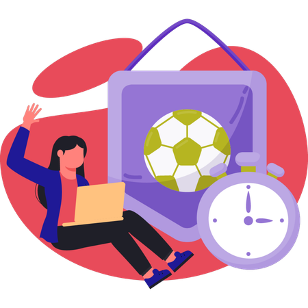 Woman working about soccer ball on laptop  Illustration
