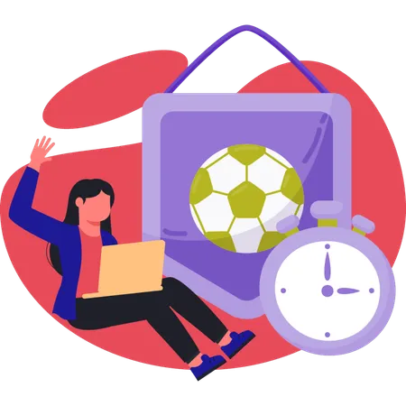 Woman working about soccer ball on laptop  Illustration