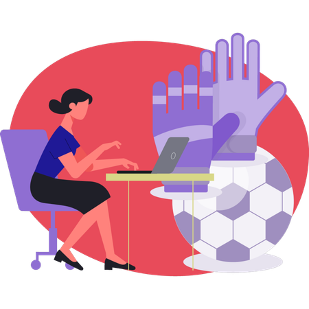 Woman working about soccer glove on laptop  Illustration
