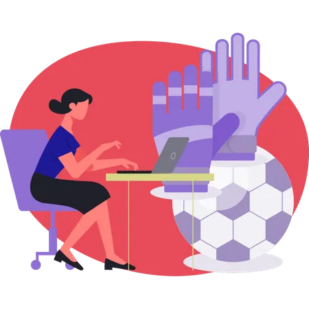 Woman working about soccer glove on laptop  Illustration