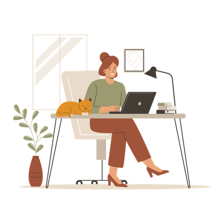 Woman working accompanied by cute cat  Illustration