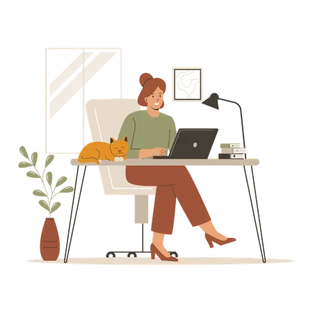 Woman working accompanied by cute cat  Illustration