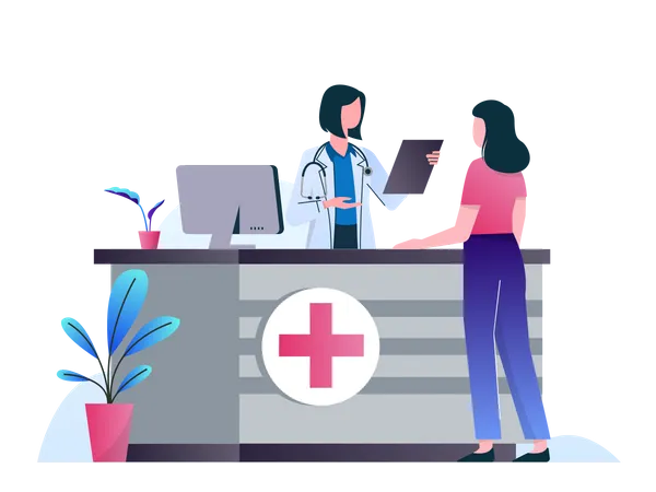 Woman working as pharmacist at hospital reception  Illustration