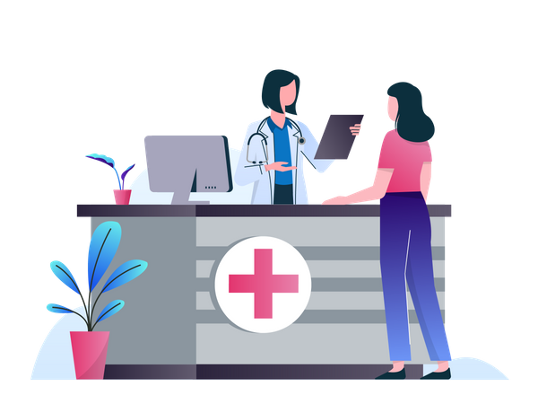 Woman working as pharmacist at hospital reception  Illustration