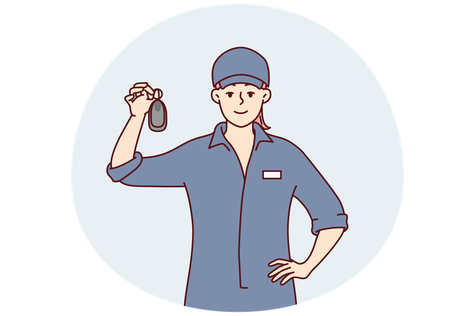 Woman working at car wash shows key to car after providing body cleaning services  Illustration