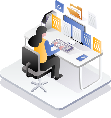 Woman working at computer desk with lots of information data  Illustration