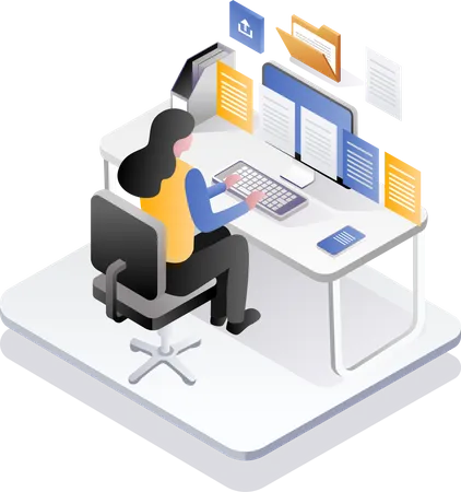 Woman working at computer desk with lots of information data  Illustration