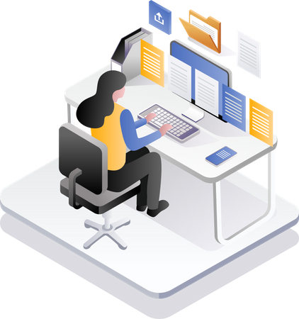 Woman working at computer desk with lots of information data  Illustration