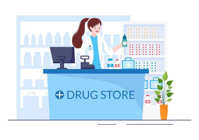 Woman working at drug store Illustration