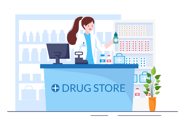 Woman working at drug store  Illustration