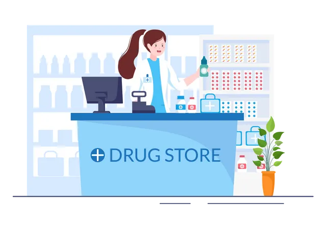 Woman working at drug store  Illustration