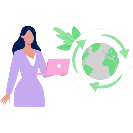 Woman working at global environment on laptop  Illustration