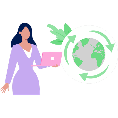 Woman working at global environment on laptop  Illustration