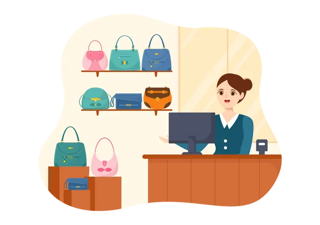 Woman working at handbag shop  Illustration
