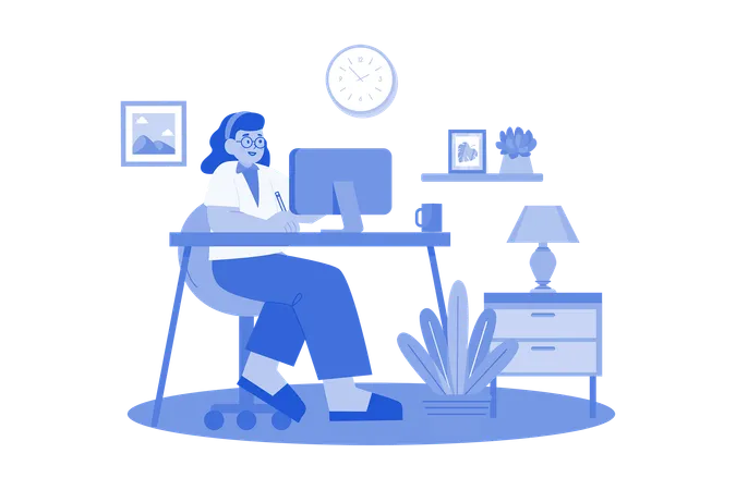 Woman Working At Her Desk At Home Illustration
