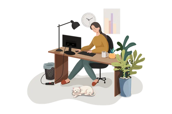 Woman working at her desk at home Illustration