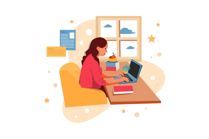 Woman working at her desk at home  Illustration