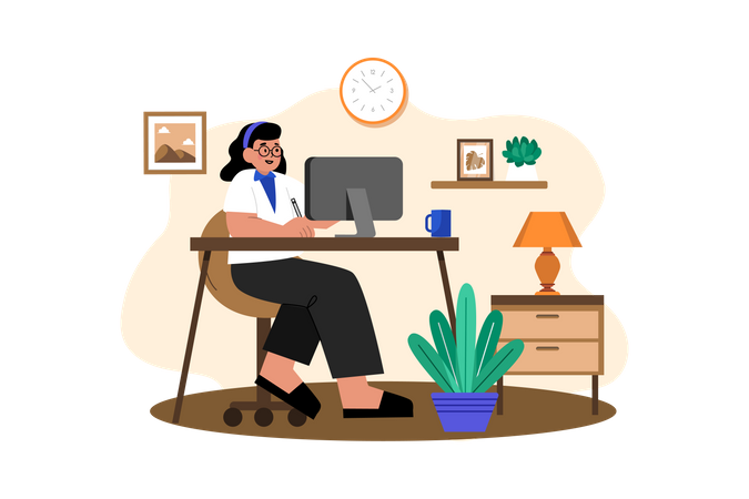 Woman working at her desk at home Illustration