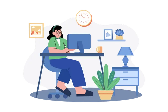 Woman working at her desk at home  Illustration