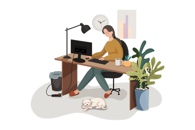 Woman working at her desk at home  Illustration