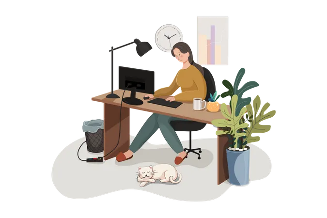 Woman working at her desk at home  Illustration