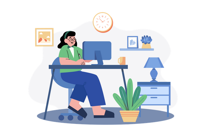 Woman working at her desk at home  Illustration