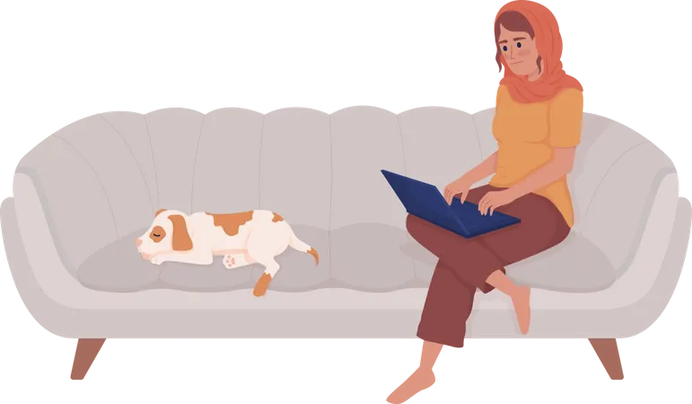 Woman Working At Home Semi Flat Color Vector Character Editable Figure Full Body Person On White Lady With Dog On Couch Simple Cartoon Style Illustration For Web Graphic Design And Animation Illustration