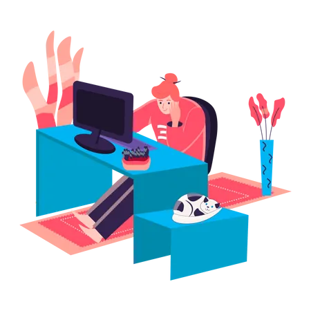 Woman Working At Home Office Concept Freelancer Sitting With Computer At Desk Freelance Workplace Remote Work On Project Character Scene Vector Illustration In Flat Design With People Activities Illustration