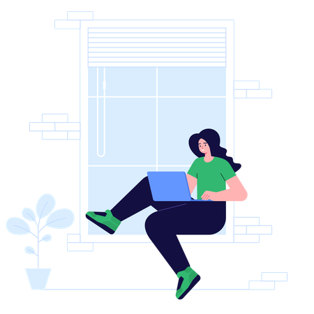 Woman working at laptop while sitting on windowsill  Illustration