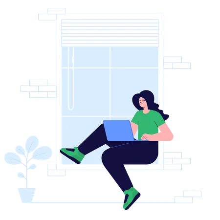 Woman working at laptop while sitting on windowsill  Illustration