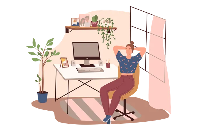 Modern Comfortable Interior Of Home Office Web Concept Woman Sits In Chair At Table With Computer With Home Decor And Plants People Scenes Template Vector Illustration Of Characters In Flat Design Illustration