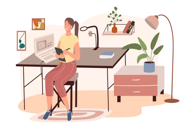 Woman Working At Office Illustration
