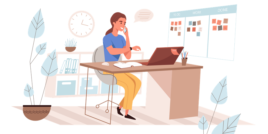 Woman Working At Office According To Tasks  Illustration