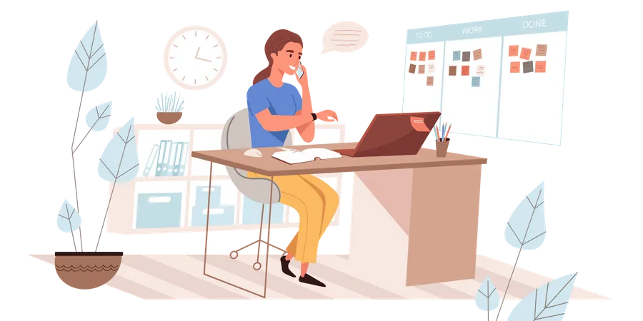 Woman Working At Office According To Tasks  Illustration