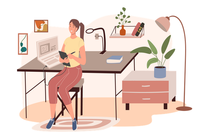 Woman Working At Office  Illustration