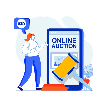 Woman working at online auction application Illustration