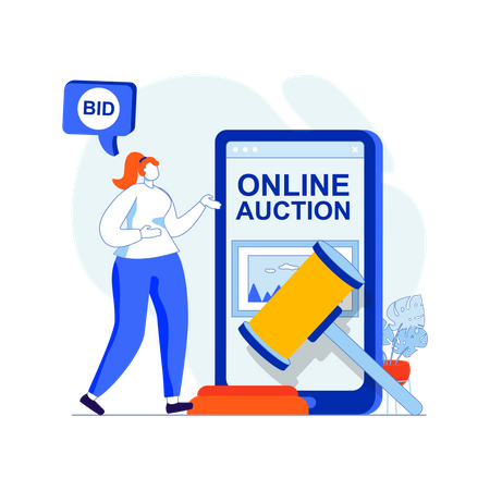 Woman working at online auction application  Illustration