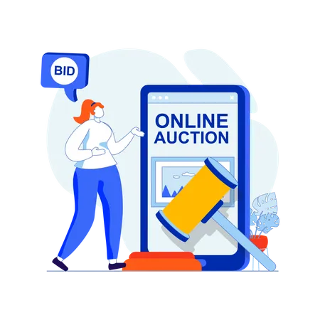 Woman working at online auction application  Illustration