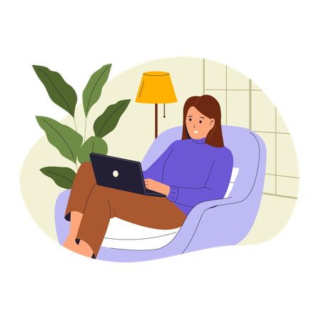 Woman Working Comfortably at Home with Laptop  Illustration