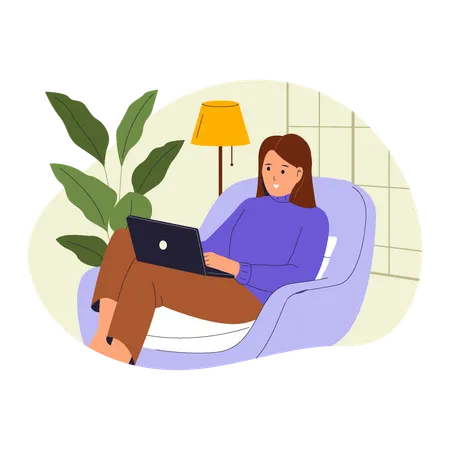 Woman Working Comfortably at Home with Laptop  Illustration