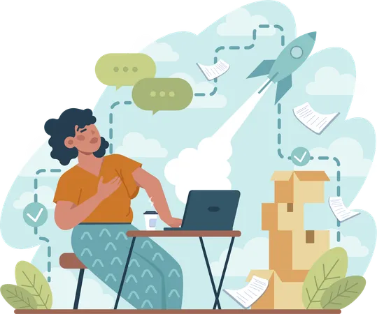 Woman working for online launch  Illustration