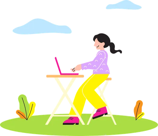 Woman working from backyard  イラスト