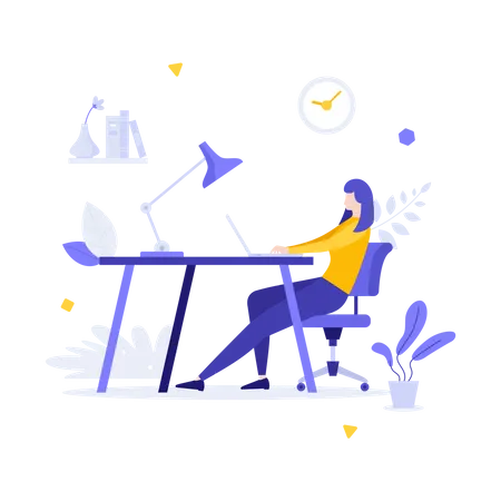 Woman Or Freelancer Sitting At Desk With Laptop Computer And Working Concept Of Home Office Or Workplace Freelance Or Remote Work Distance Job Modern Flat Colorful Vector Illustration Illustration