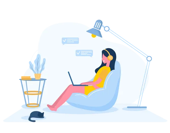 Womens Freelance Girl With Laptop Sitting On A Chair Bag Concept Illustration For Working Studying Education Work From Home Healthy Lifestyle Vector Illustration In Flat Style Illustration
