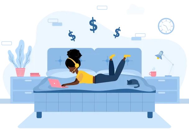 Women Freelance African Girl With Laptop In Headphones Lying On The Sofa Concept Illustration For Working Studying Education From Home Healthy Lifestyle Vector Illustration In Flat Style Illustration