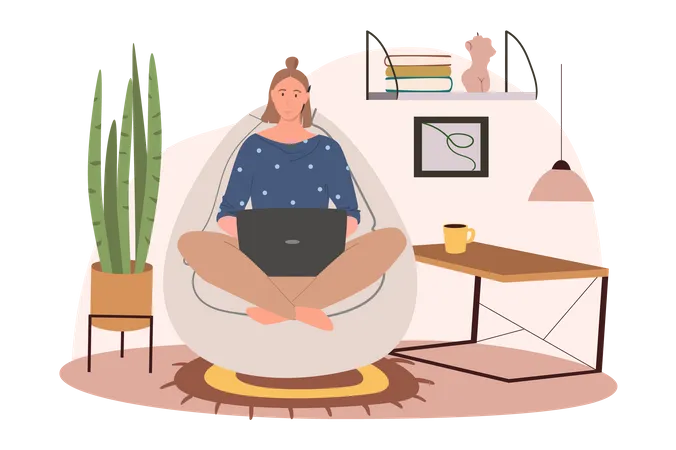 Home Workplace Web Concept Woman Working On Laptop Sitting In Chair Bag In Cozy Room With Decor Freelancer Or Remote Worker People Scenes Template Vector Illustration Of Characters In Flat Design Illustration