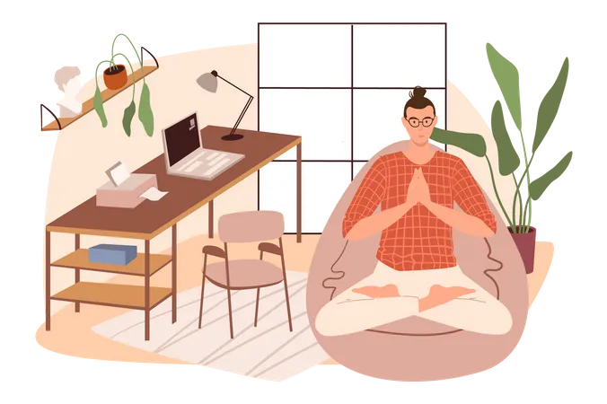 Workplace Web Concept Freelancer Or Remote Worker Meditate Sitting In Chair Bag In Cozy Room With Decor And Plants People Scenes Template Vector Illustration Of Characters In Flat Design Illustration