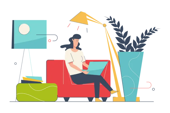 Freelance Work Concept With People Scene In Flat Cartoon Design Woman Working Distant While Sitting At Home Making Tasks And Communicates Online Vector Illustration With Character Situation For Web イラスト