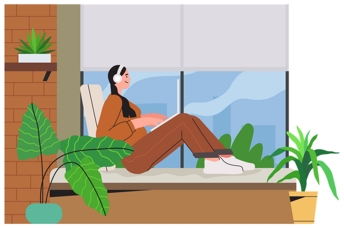 Woman working from home and attending online meeting Illustration